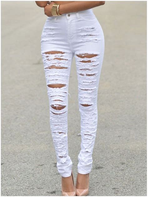 white ripped jeans white ysl shirt women|white ripped trousers.